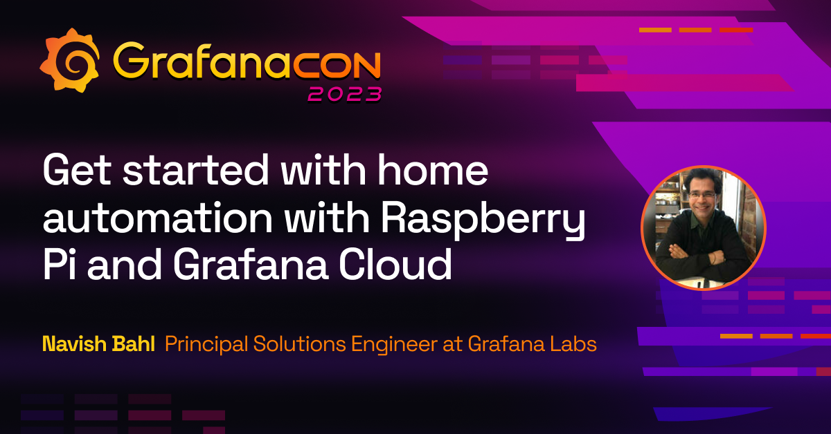 The title card for the GrafanaCON 2023 session on Raspberry Pi and Grafana Cloud, including the title of the session, the date and time, and the GrafanaCON 2023 logo.