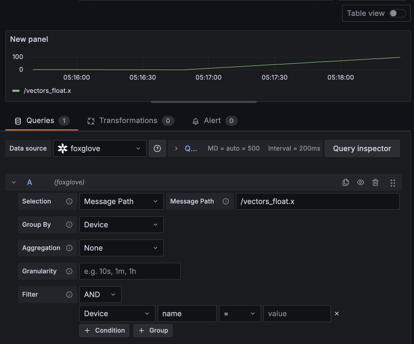 Foxglove data source query editor