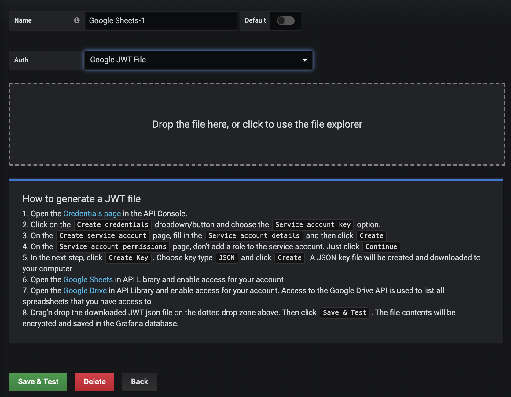 Config page - Google JWT File auth