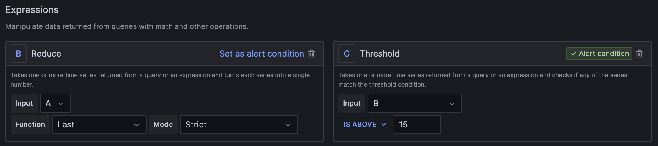 Expression section showing B &quot;reduce&quot; with Input: A, Function: Last, Mode: Strict, C Threshold with Input: B, Is Above: 15 and Alert Condition enabled indicator