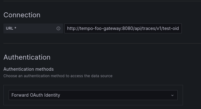 Tempo data source configured for the gateway forwarding OAuth access token