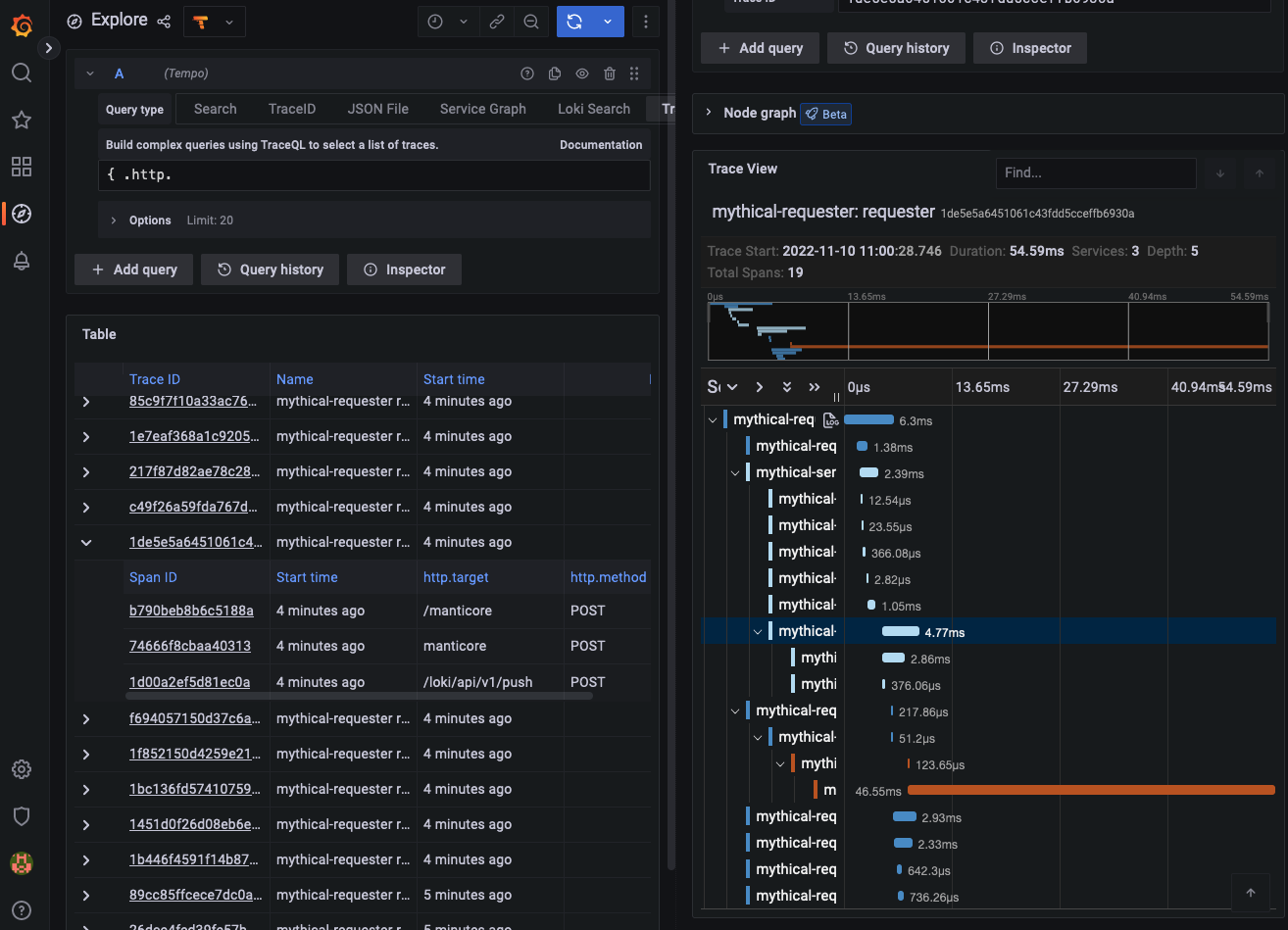 Query editor showing span results