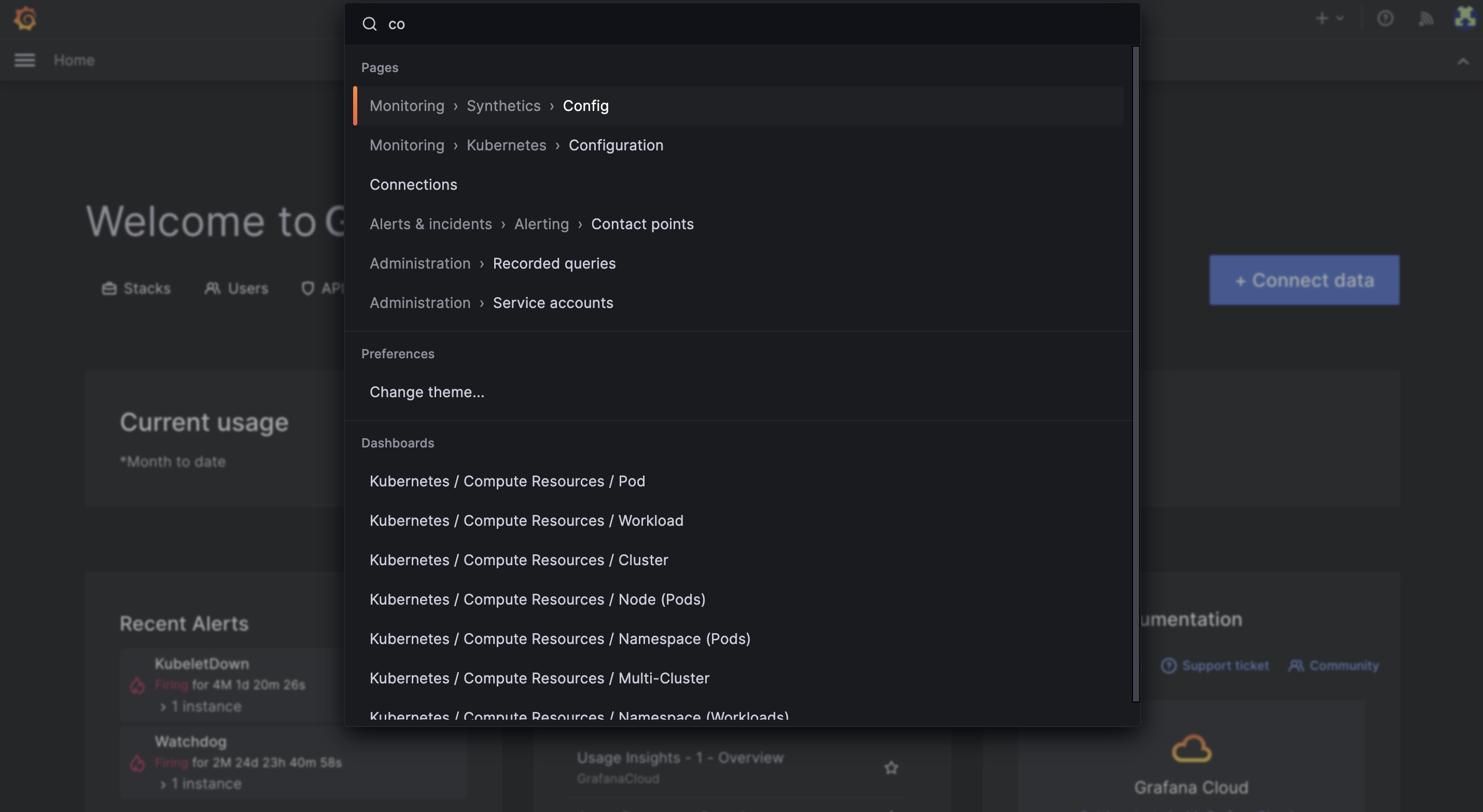 Screenshot of the command palette in the Grafana Cloud UI. 