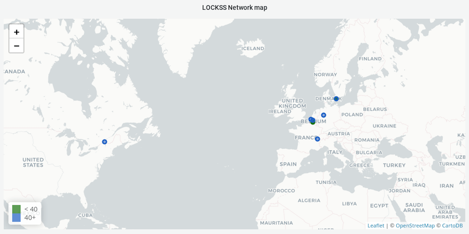 A screenshot of the LOCKSS Network map showing dots representing active LOCKSS boxes locations.