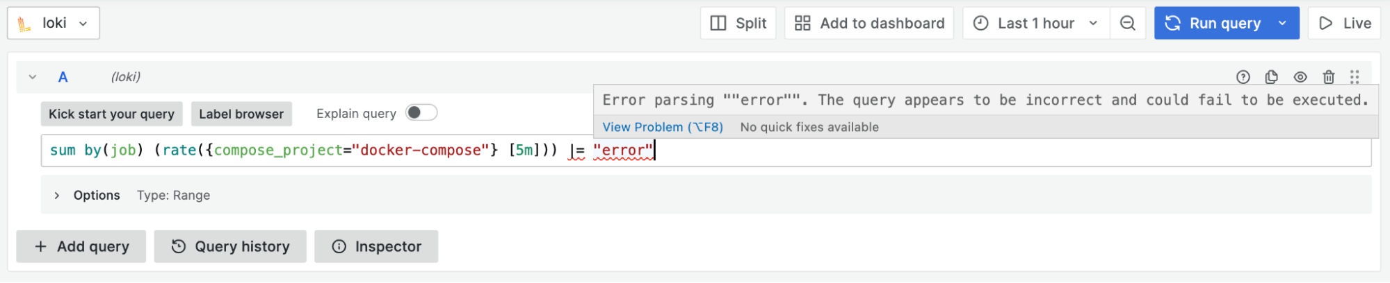 A screenshot of the query expression validation feature flagging an error.