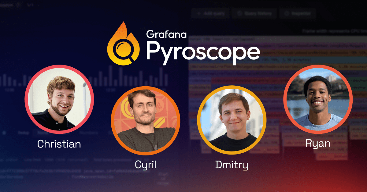 A picture featuring the Grafana Pyroscope logo and headshots of all four interviewees.