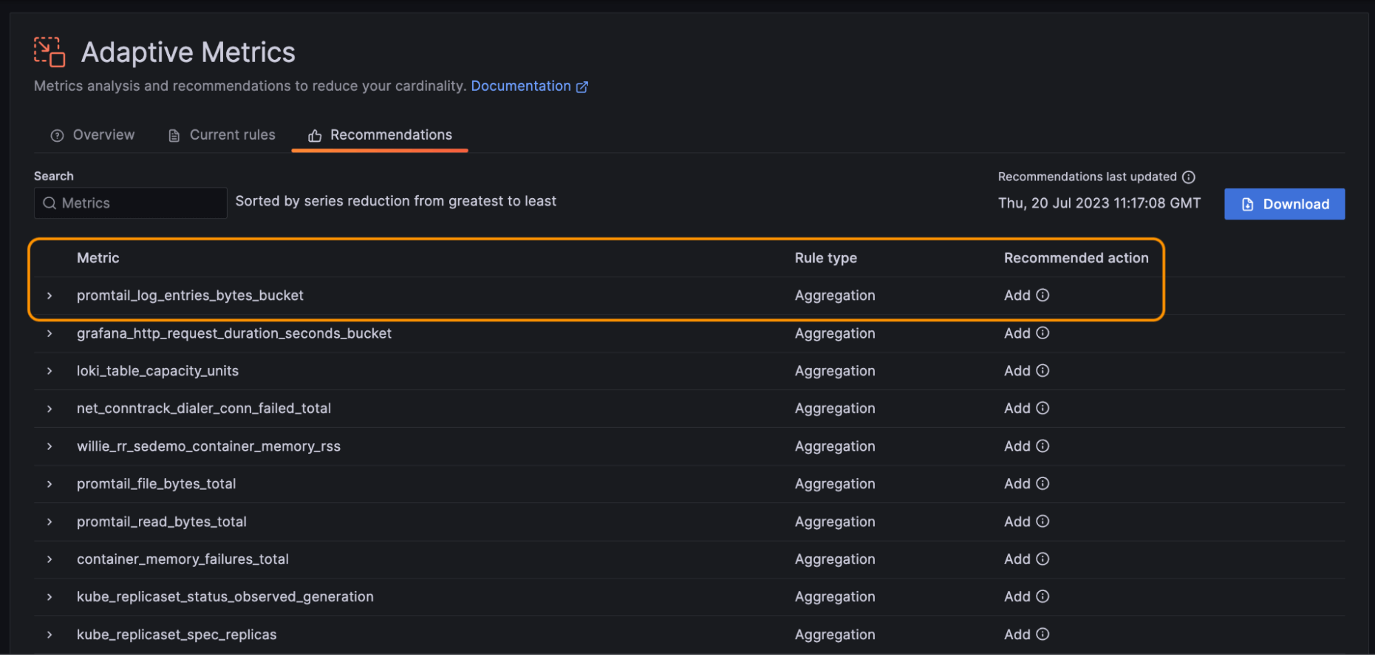A list of metrics and suggested actions are listed in Grafana Cloud, with the top suggestion highlighted.