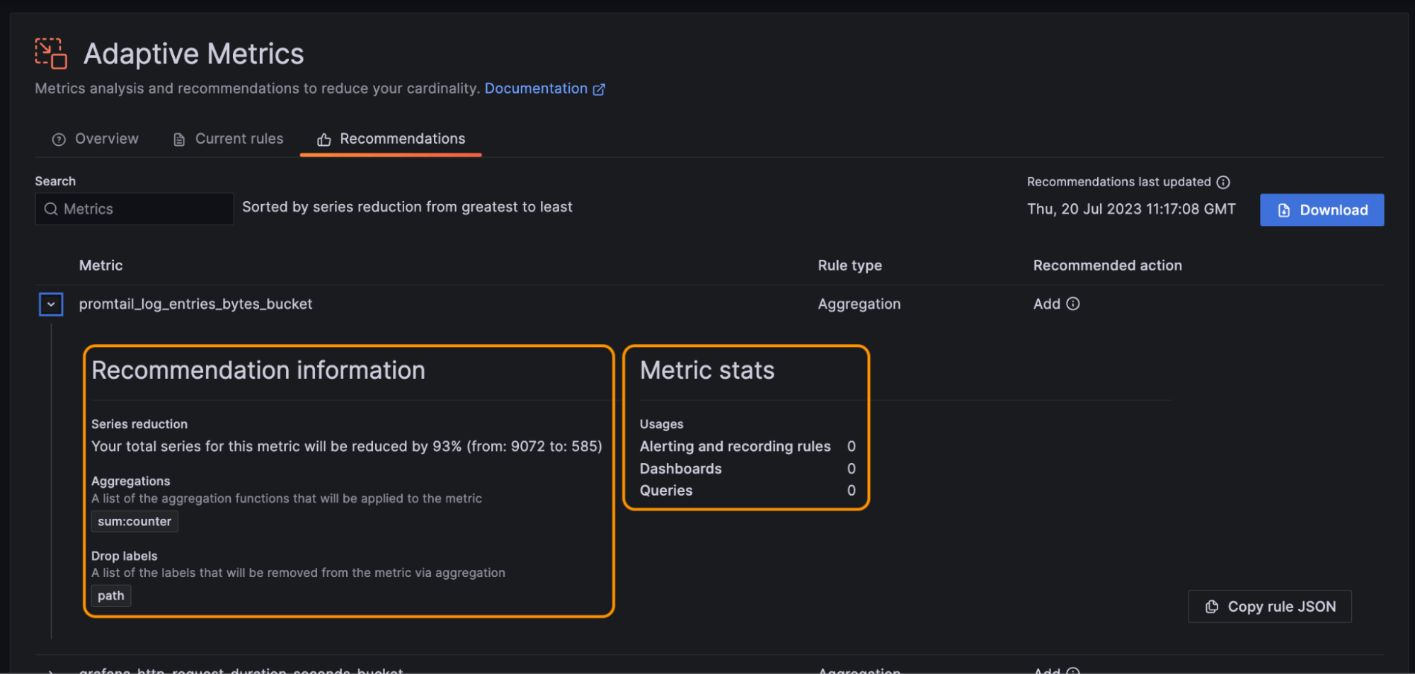 Recommended actions and metric stats are displayed in Grafana Cloud