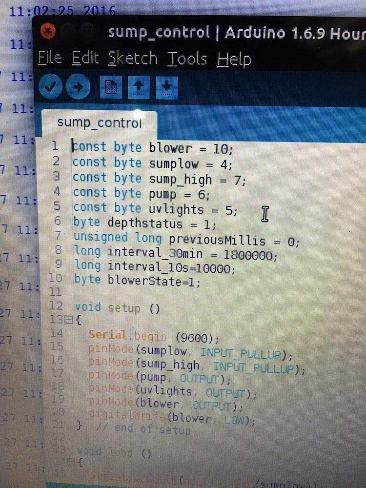 A screenshot of code used for the aquaponics monitoring system.