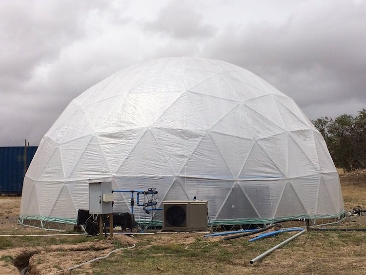 A geodesic dome with accompanying utilities.