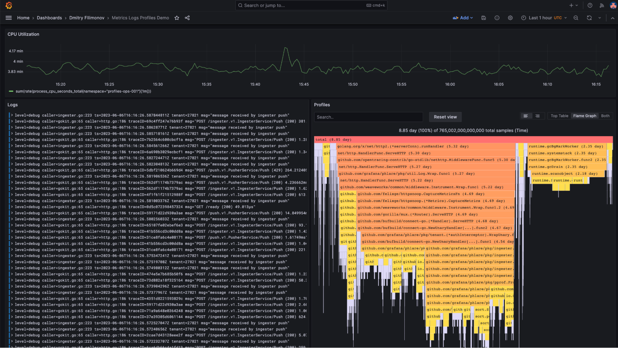 Screenshot of flame graph from Grafana Cloud Profiles public preview