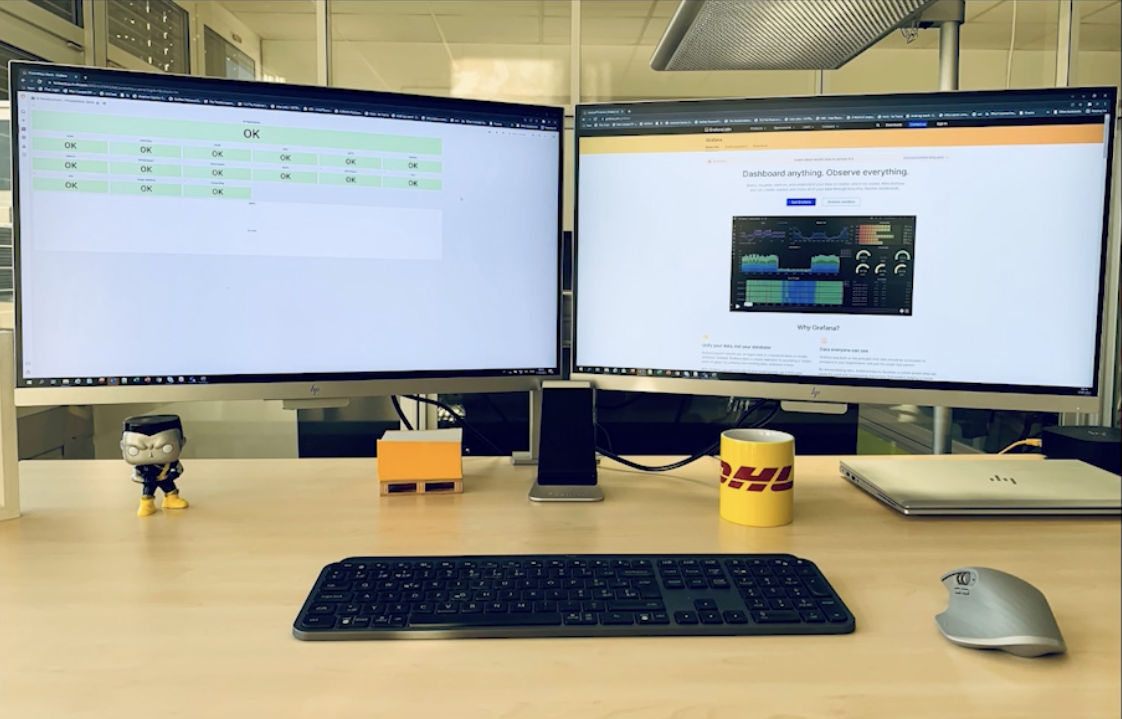 Screenshot of computer monitors showing Grafana dashboard and grafana.com.