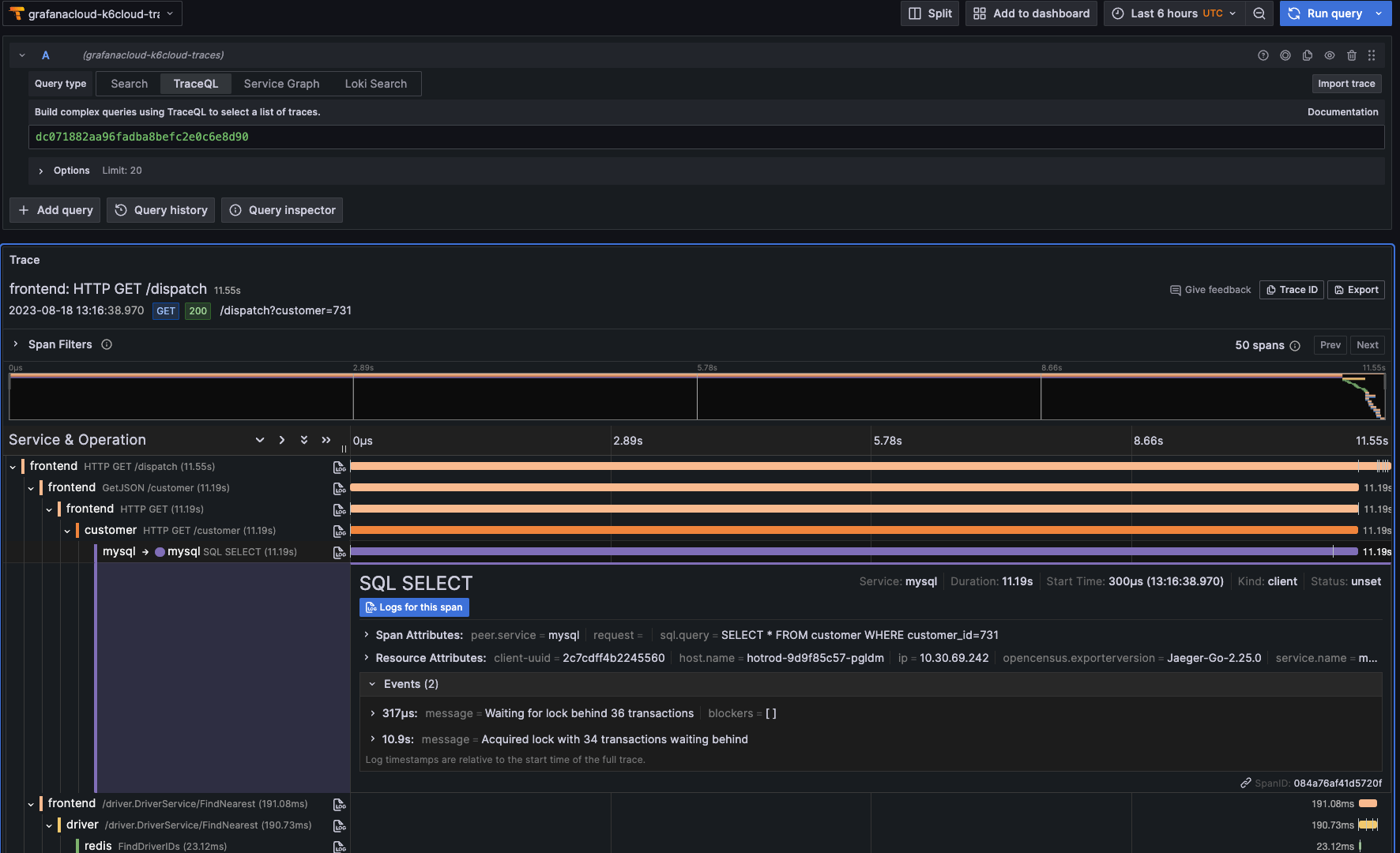 A screenshot of the Trace view in Distributed Tracing in Grafana Cloud k6