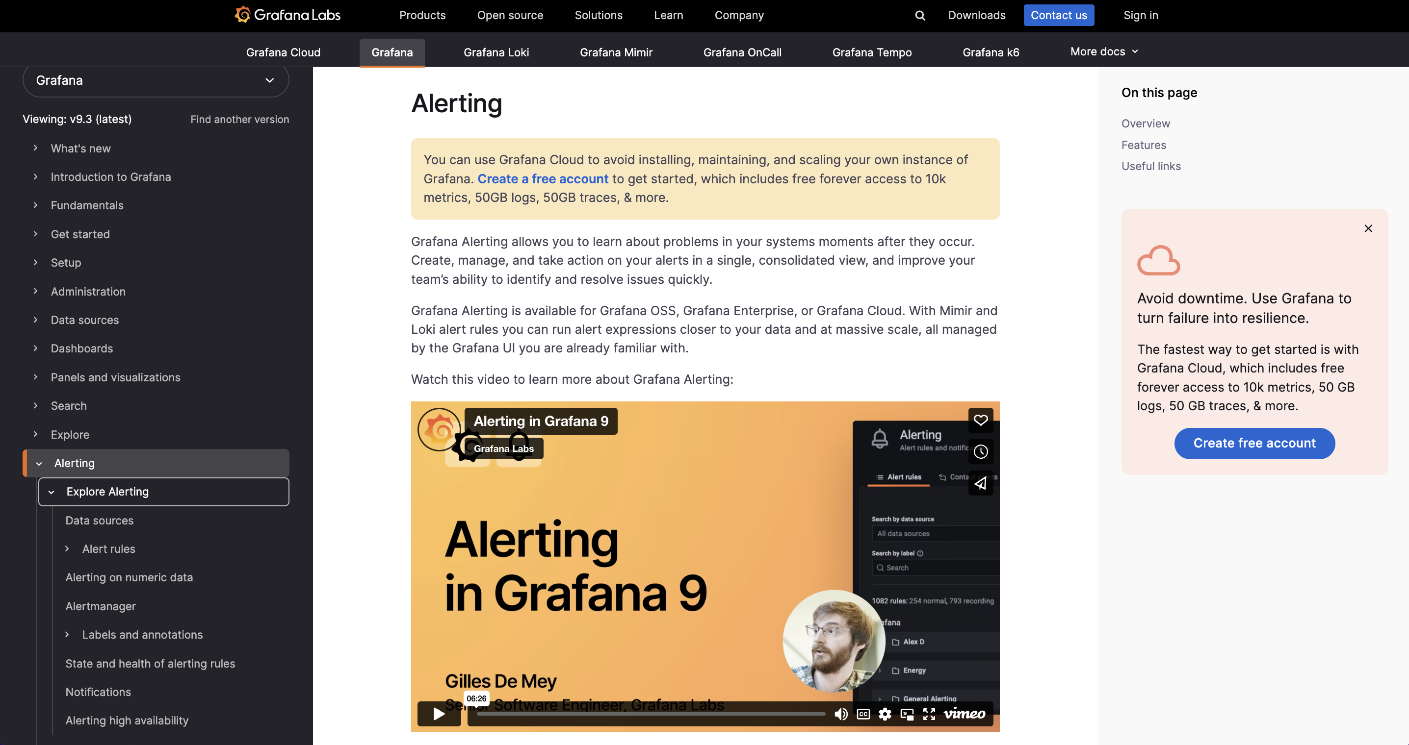Screenshot of Grafana Alerting documentation on grafana.com