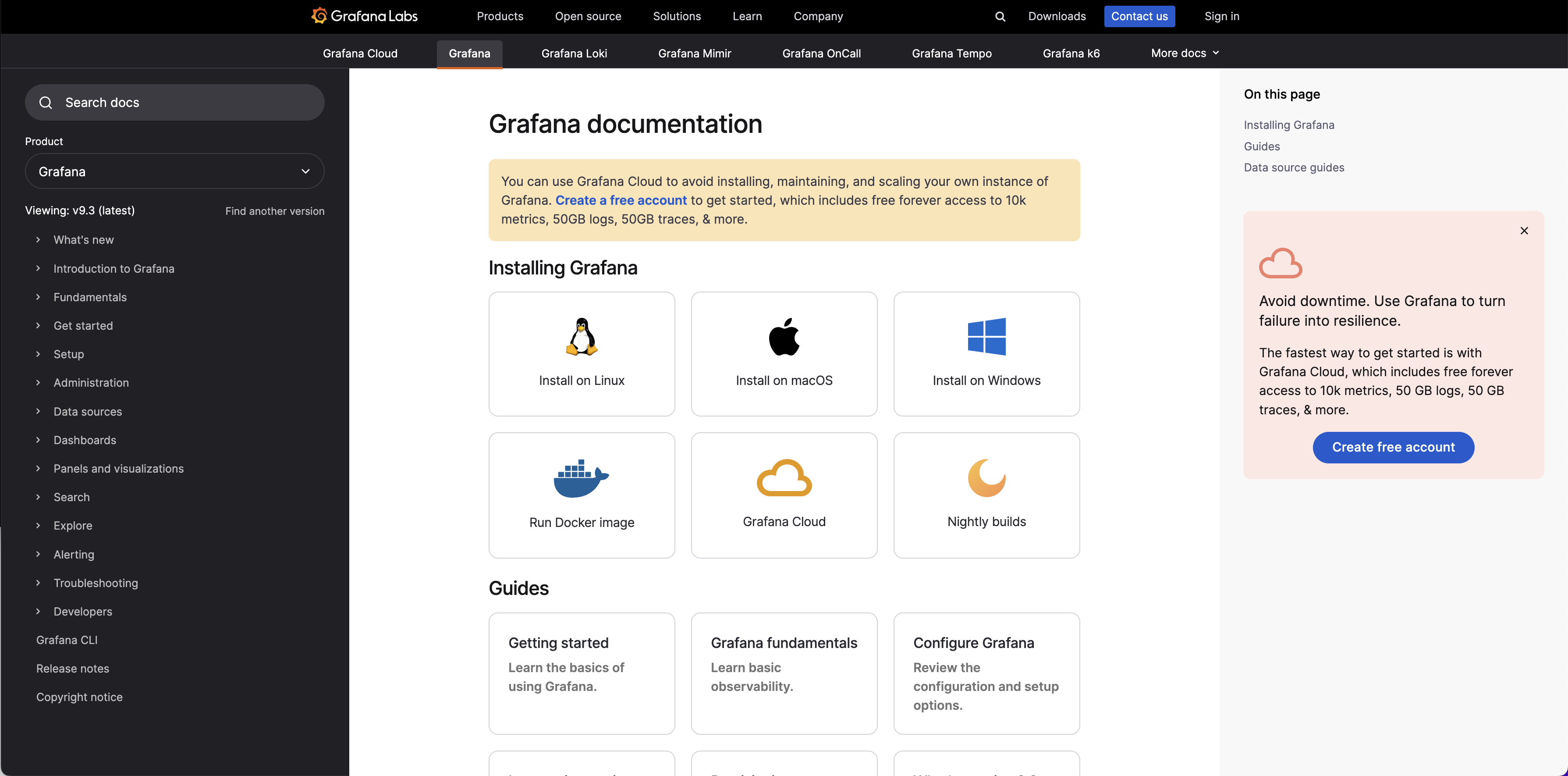 Screenshot of Grafana documentation page on grafana.com