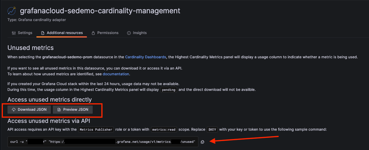 A Grafana page with red boxes and arrows indicate how to download, preview, or retrieve the list via API.