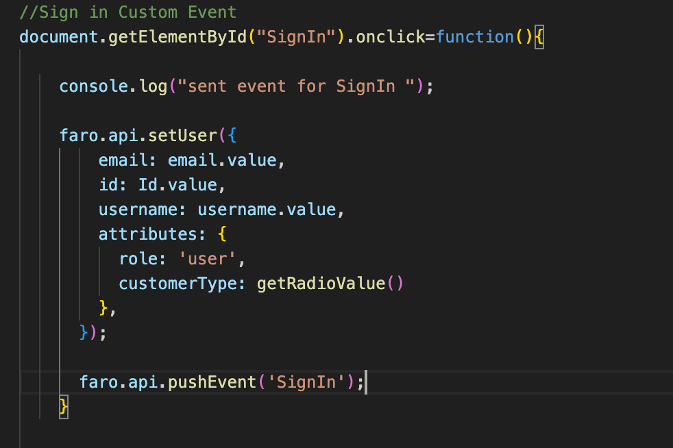 A screenshot of code for setting user info 