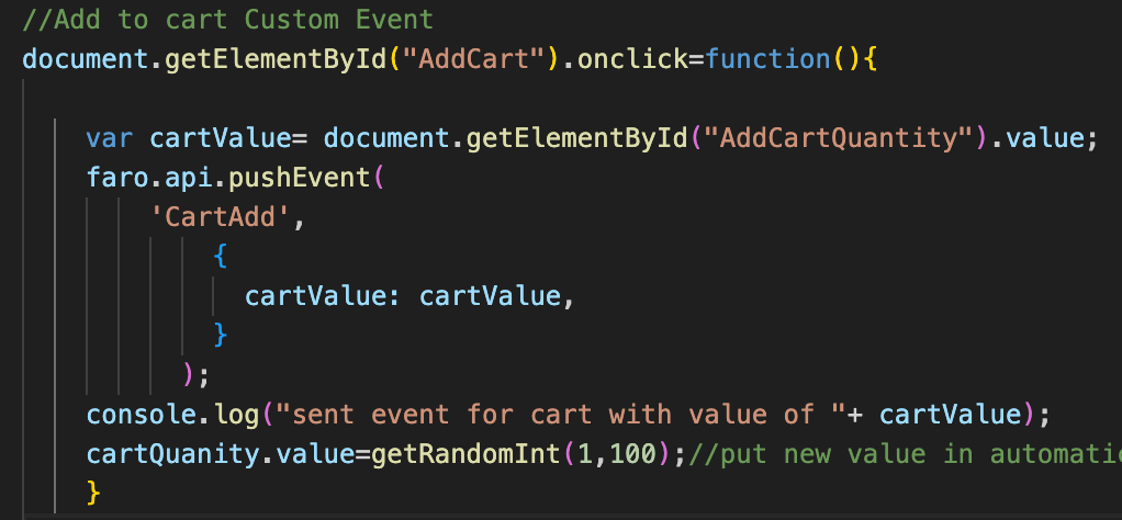 A screenshot of code for the AddCart event 