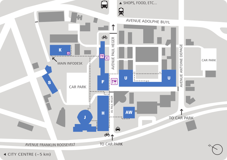 FOSDEM conference map across the Université Libre de Bruxelles campus.