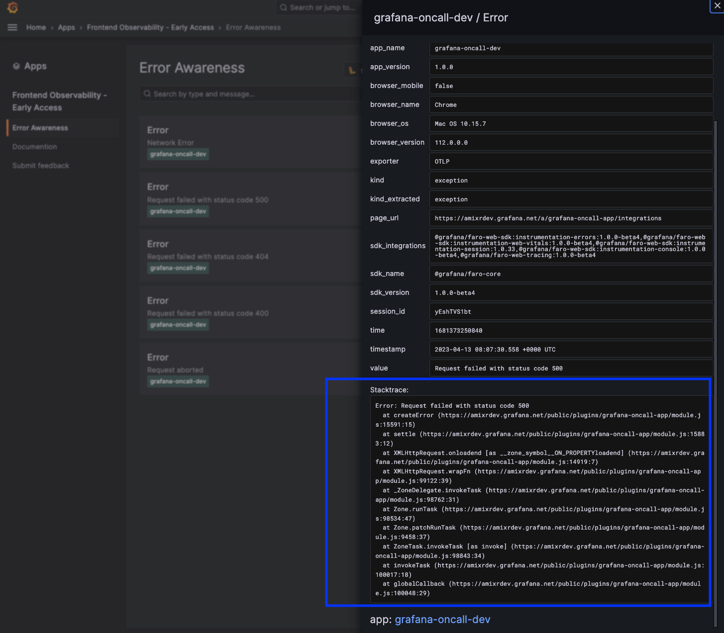 Screenshot of stack trace discovered using Error Awareness in Grafana Cloud Frontend Observability
