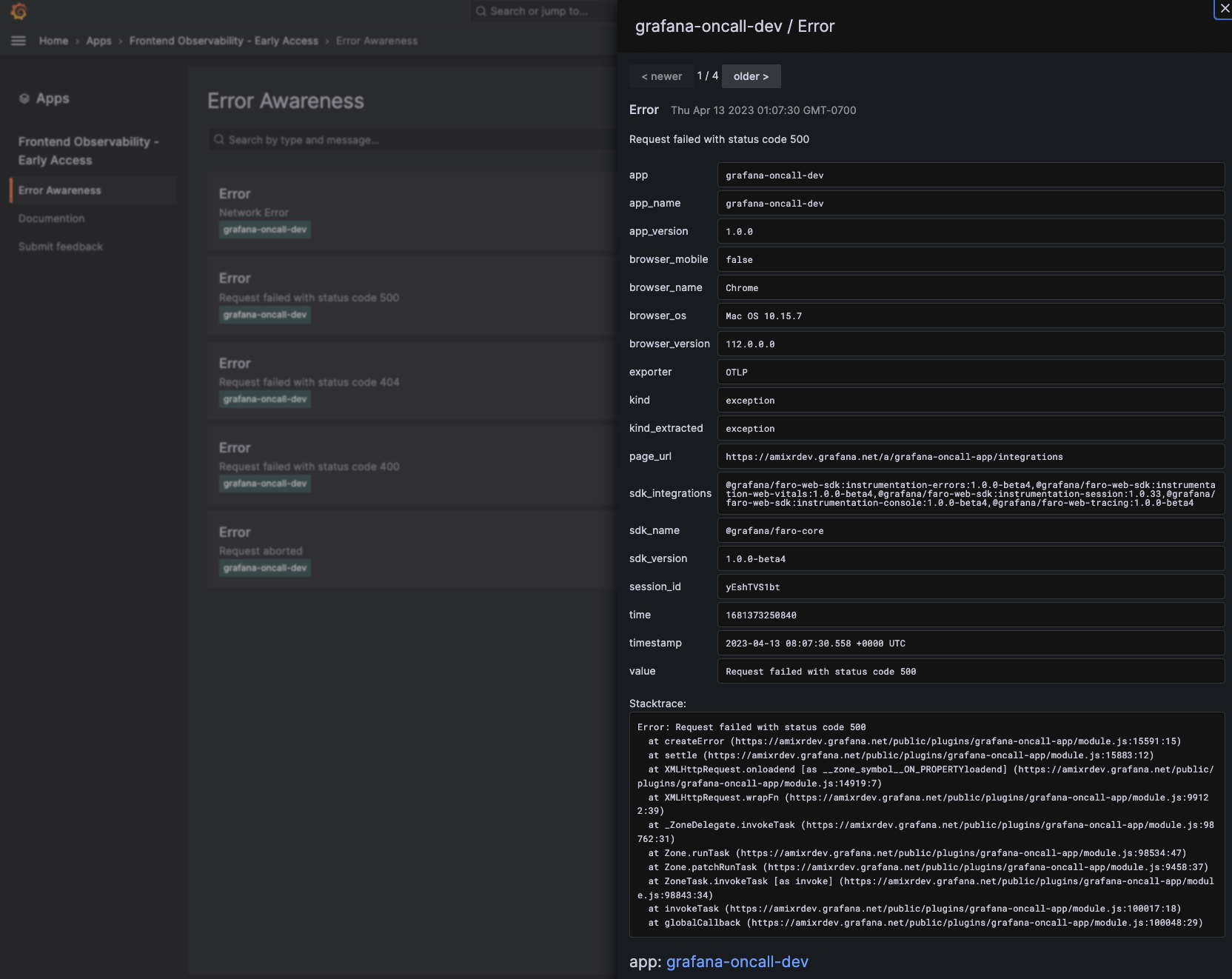 Screenshot of error events in Grafana Cloud Frontend Observability 