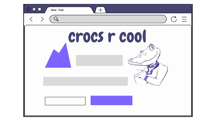 An illustration of a web browser shows a 'crocs r cool' page that displays page features that would be covered by frontend performance testing. 