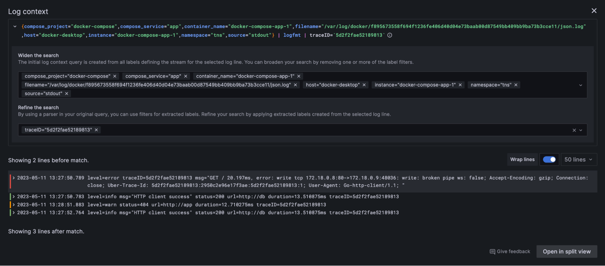 Screenshot of log context query editor in Grafana 10.