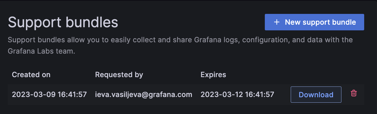 Screenshot of where to find existing support bundles in Grafana
