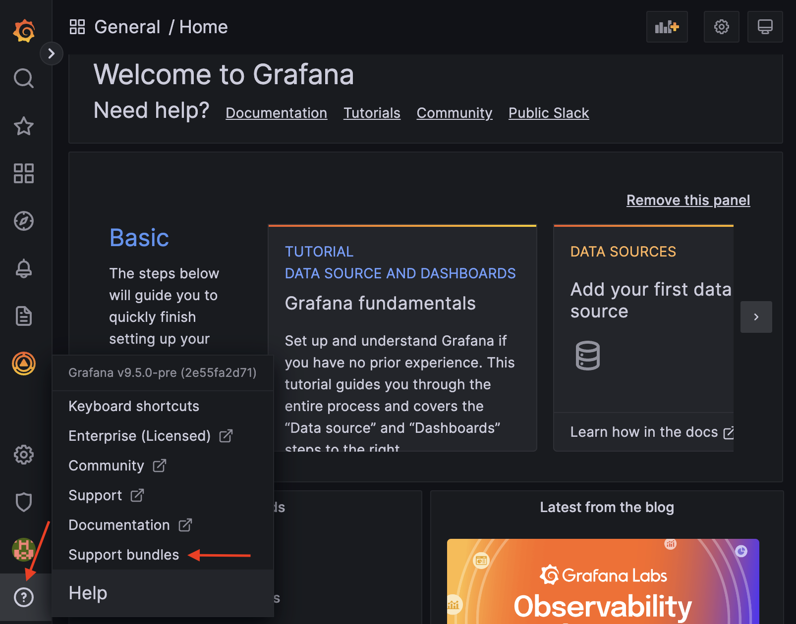 Screenshot of where to find support bundles in Grafana