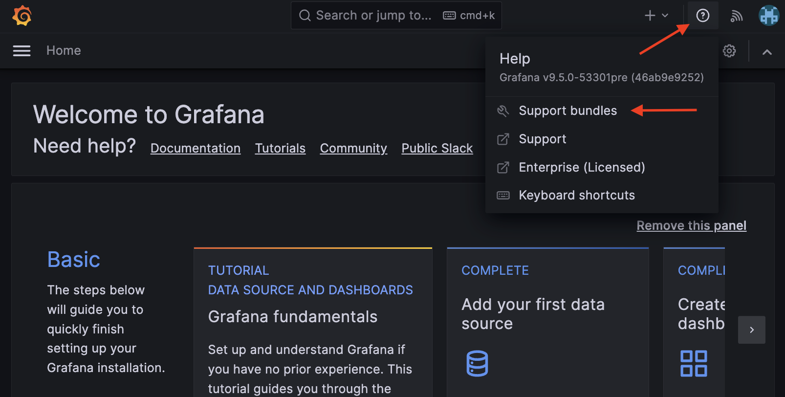Screenshot of where to find support bundles in new Grafana navigation.