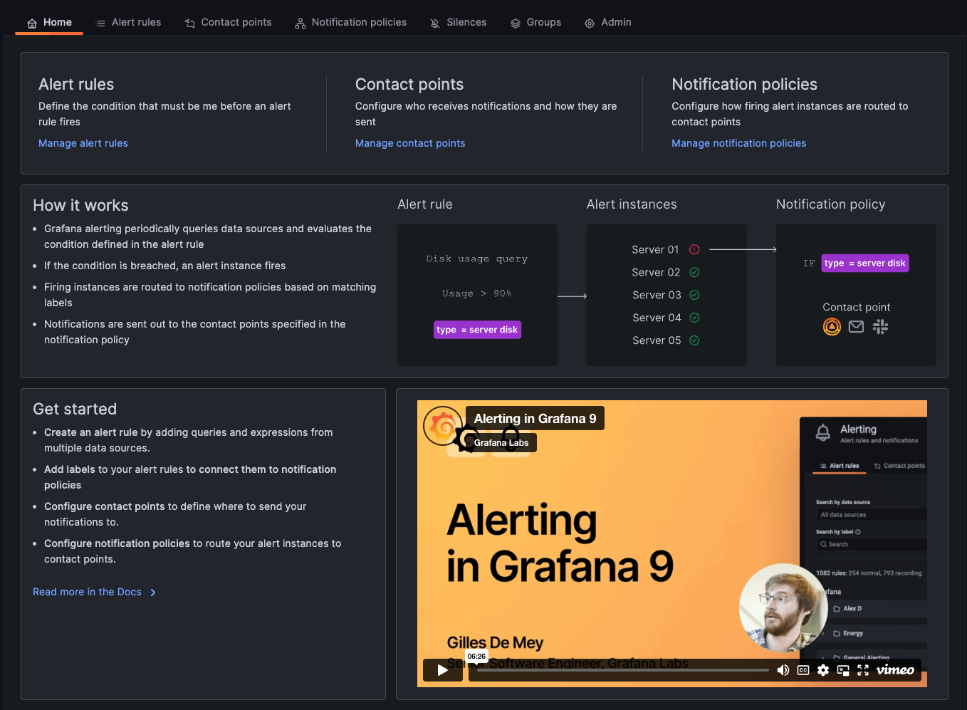 Screenshot of the new Grafana Alerting landing page