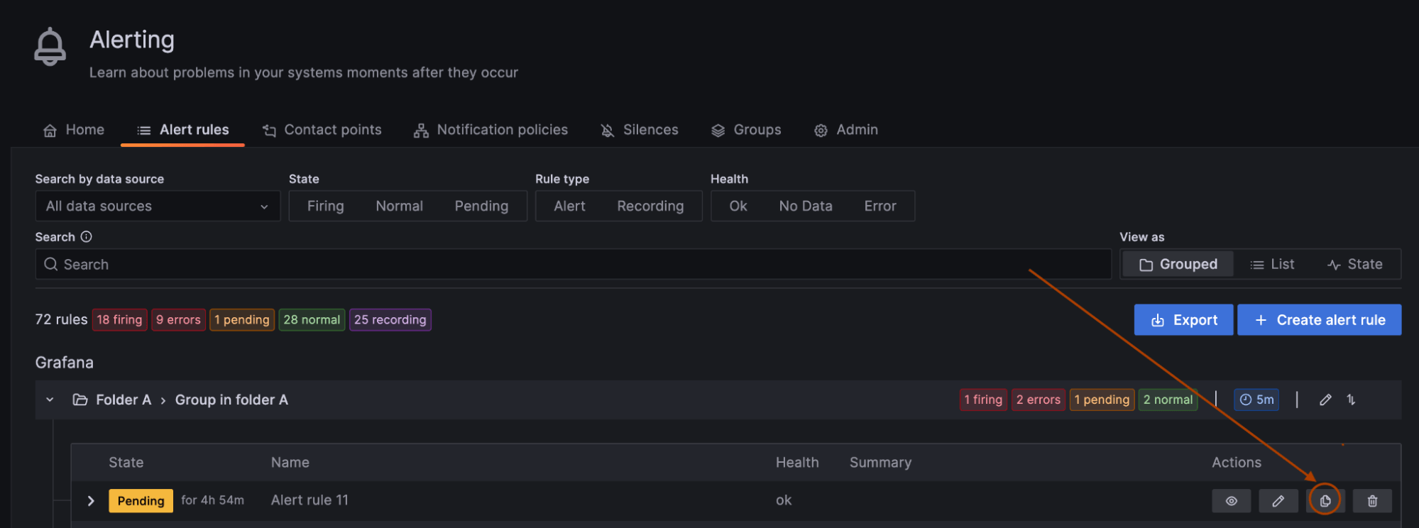 Screenshot with arrow pointing out button to use to copy alerts in Grafana Alerting
