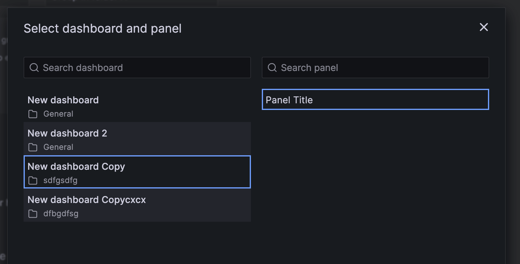 Screenshot showing dropdown menus for dashboards and panels in rule form