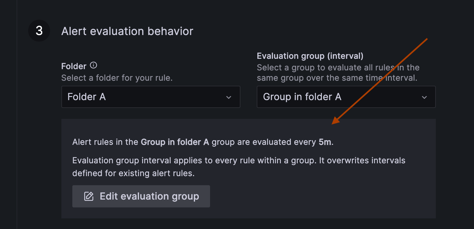 Screenshot with arrow highlighting new hint for evaluation intervals in Grafana Alerting