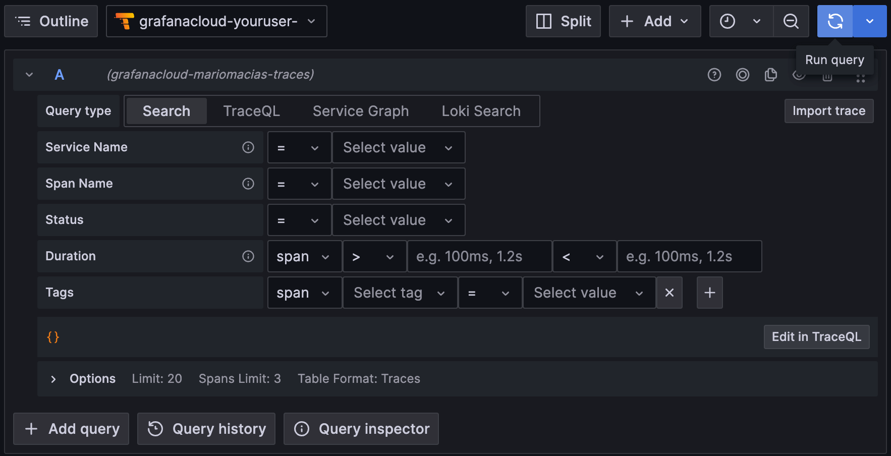 Select Run query to search for all traces. 