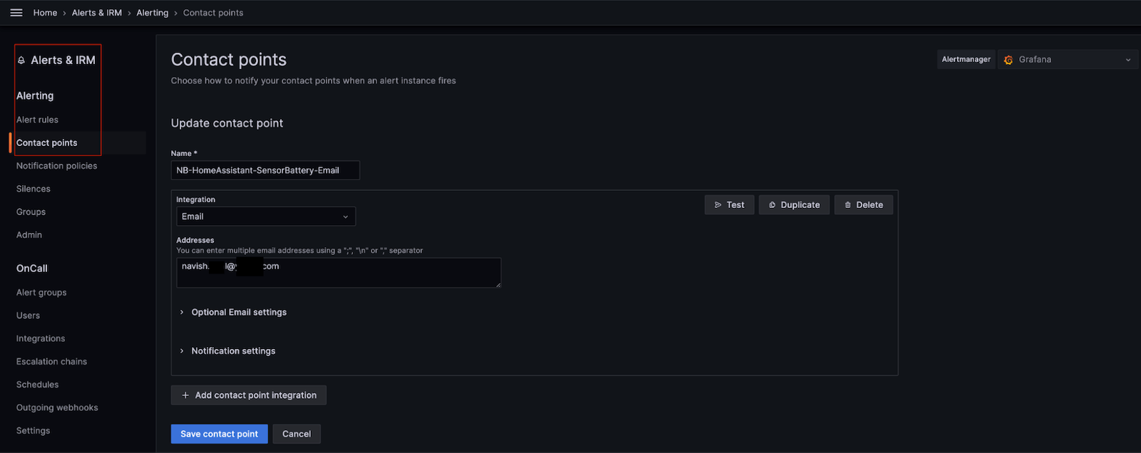 A screenshot of the Contact points settings for Grafana Alerts & IRM.