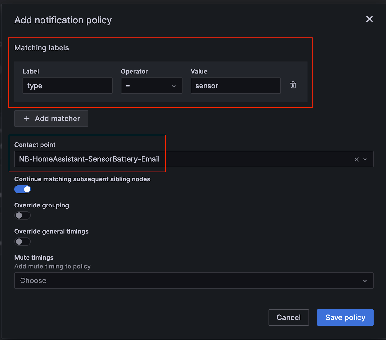 A screenshot of the setting page for adding notification policies.