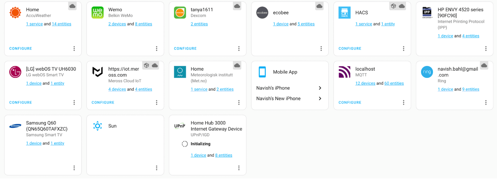 A screenshot of IoT devices in the Integrations and the Overview HomeAssistant dashboard.