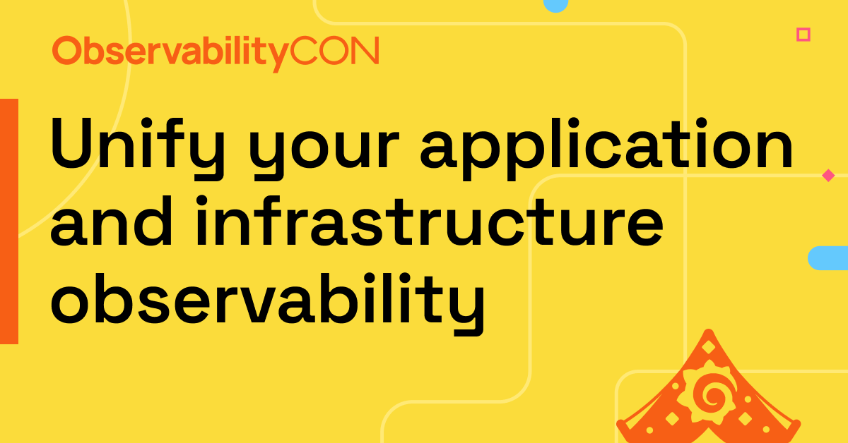 The title card for the ObservabilityCON 2023 session on app and infrastructure observability.