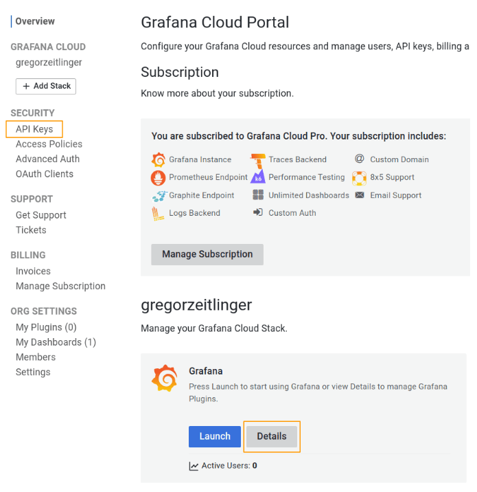 Screenshot of Grafana Cloud UI to start configure API keys