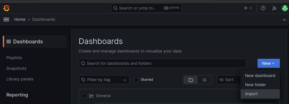 Screenshot of Grafana Cloud UI to start a dashboard