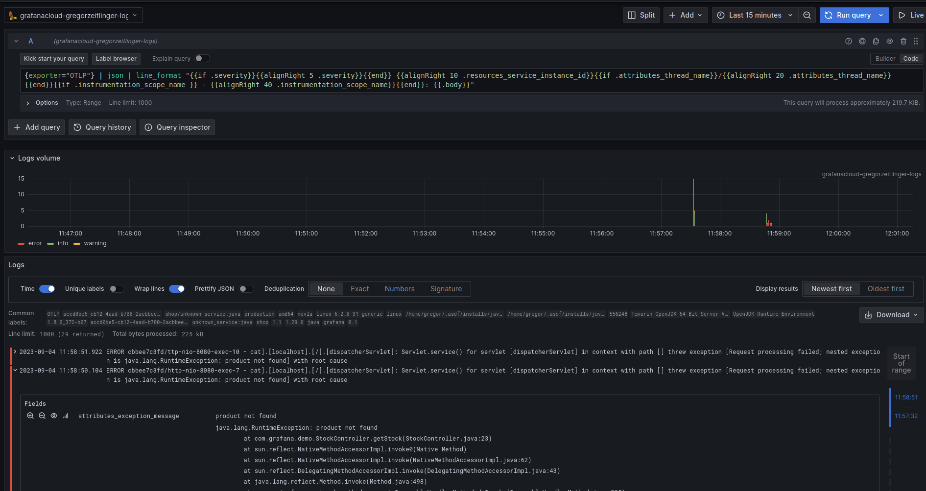 Screenshot of a full-stack traces from log lines.