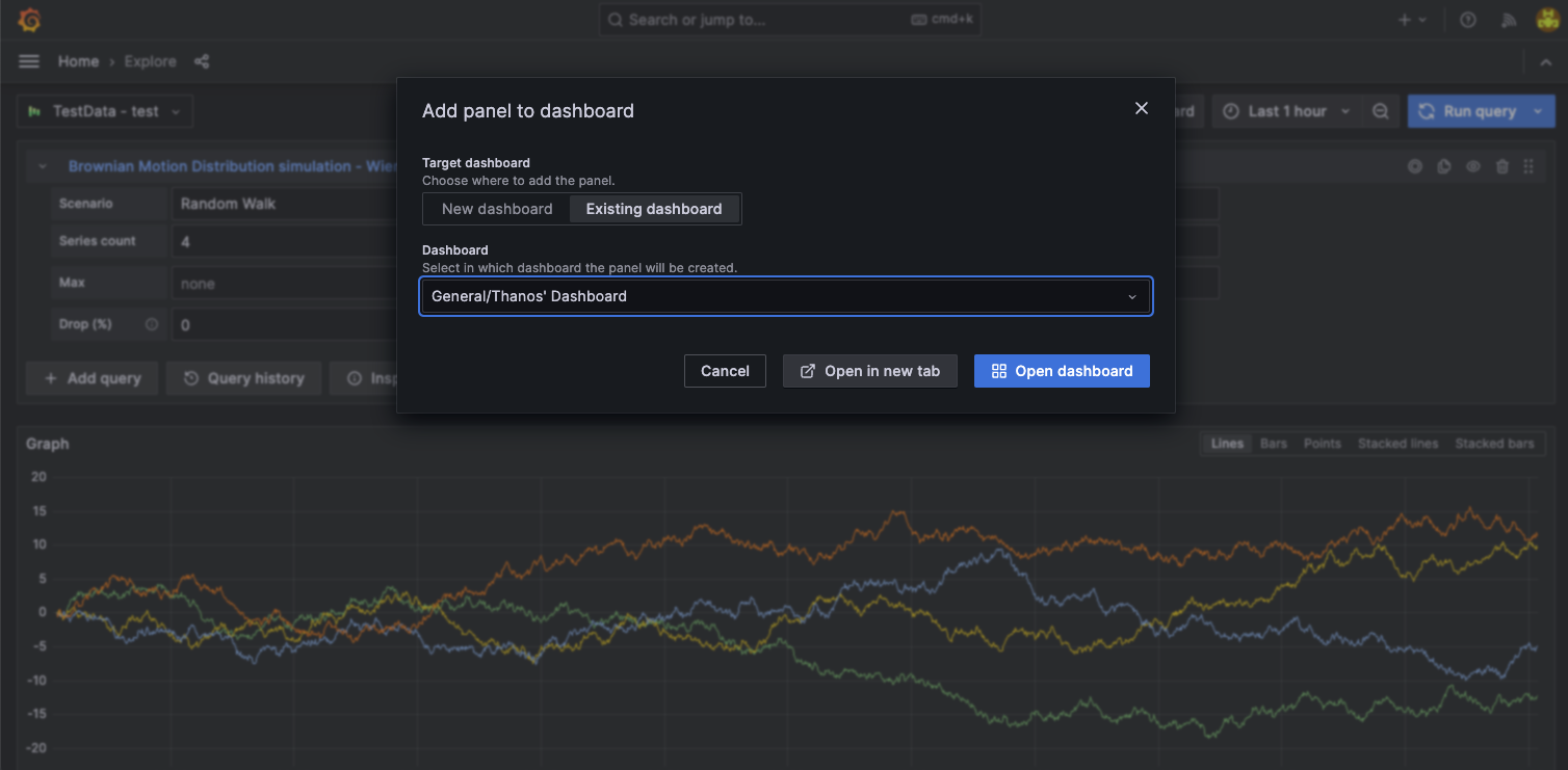 Screenshot showing how to go from Explore to creating a dashboard in Grafana. 