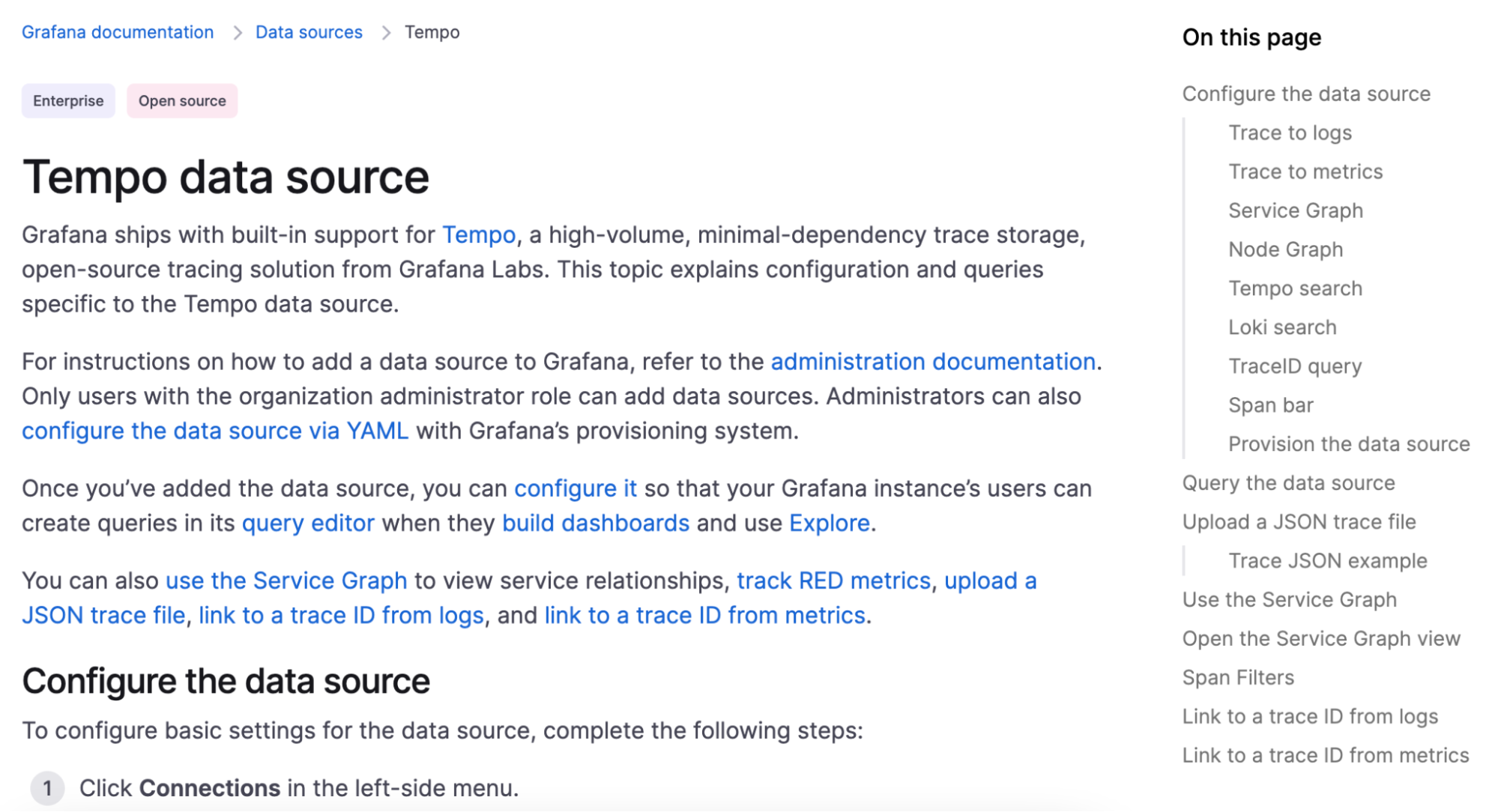 A screenshot of the Tempo data source documentation in the Grafana documentation.