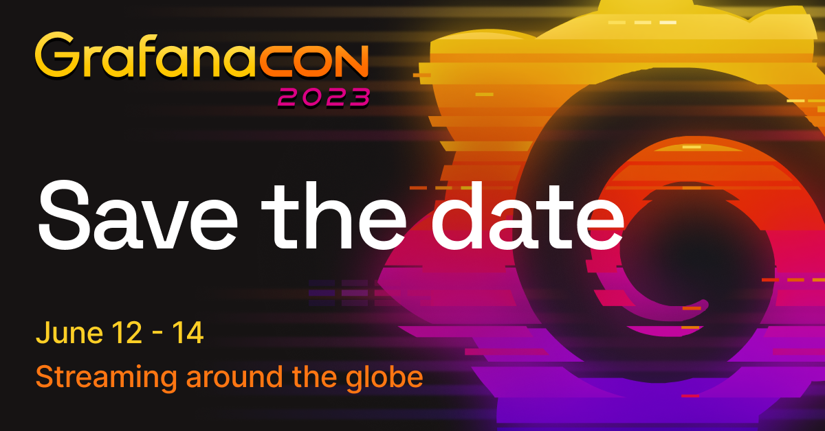 Graphic showing Grafana logo and save the date information for GrafanaCON 2023.