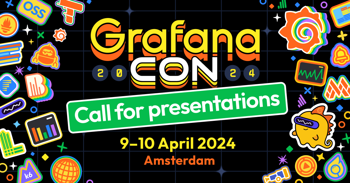 GrafanaCON 2024 graphic announcing CFP is open with logos for open source projects.