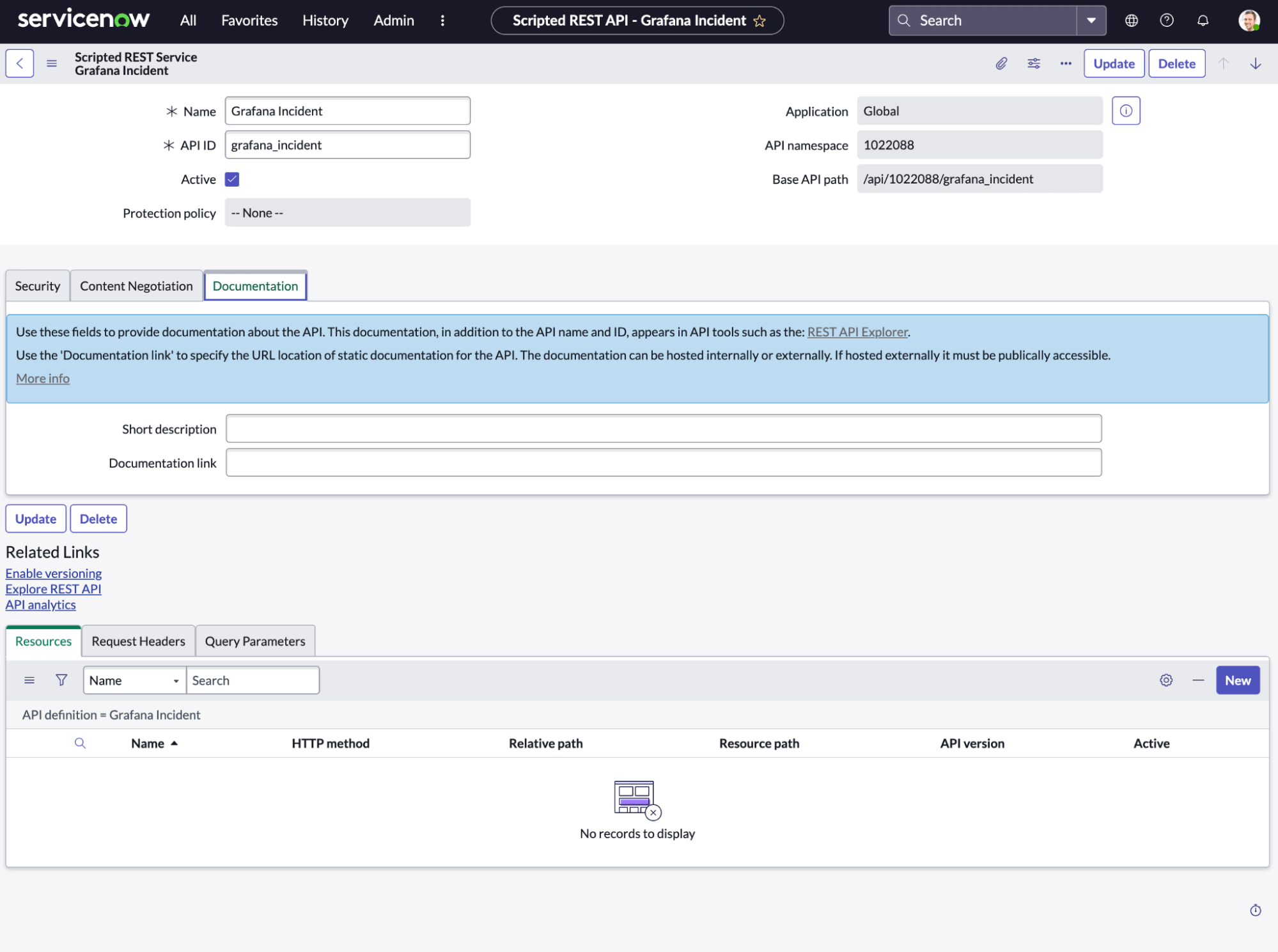 A screenshot of the Scripted REST Service being created in ServiceNow