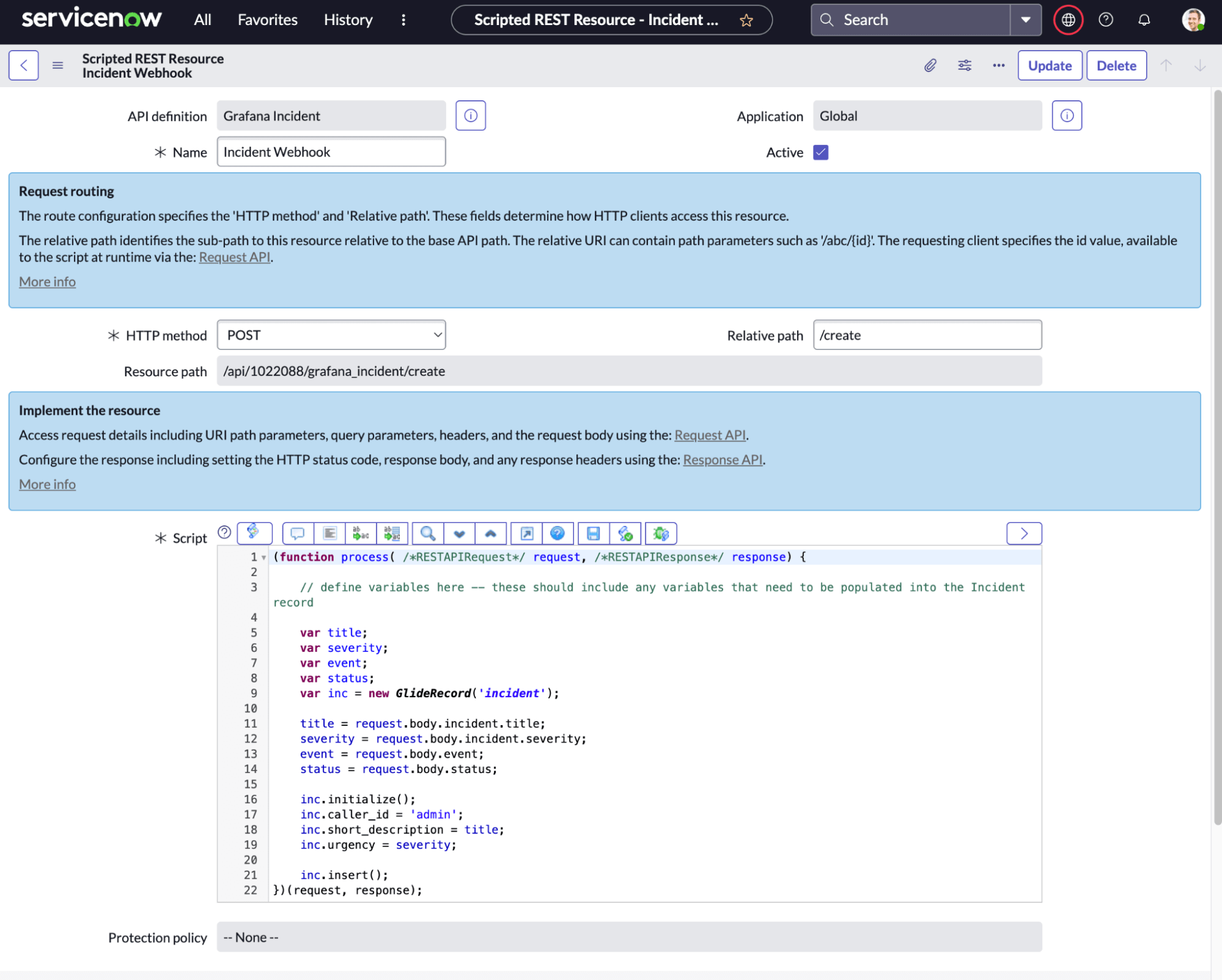 A screenshot of the new Scripted REST Resource called Incident Webhook.