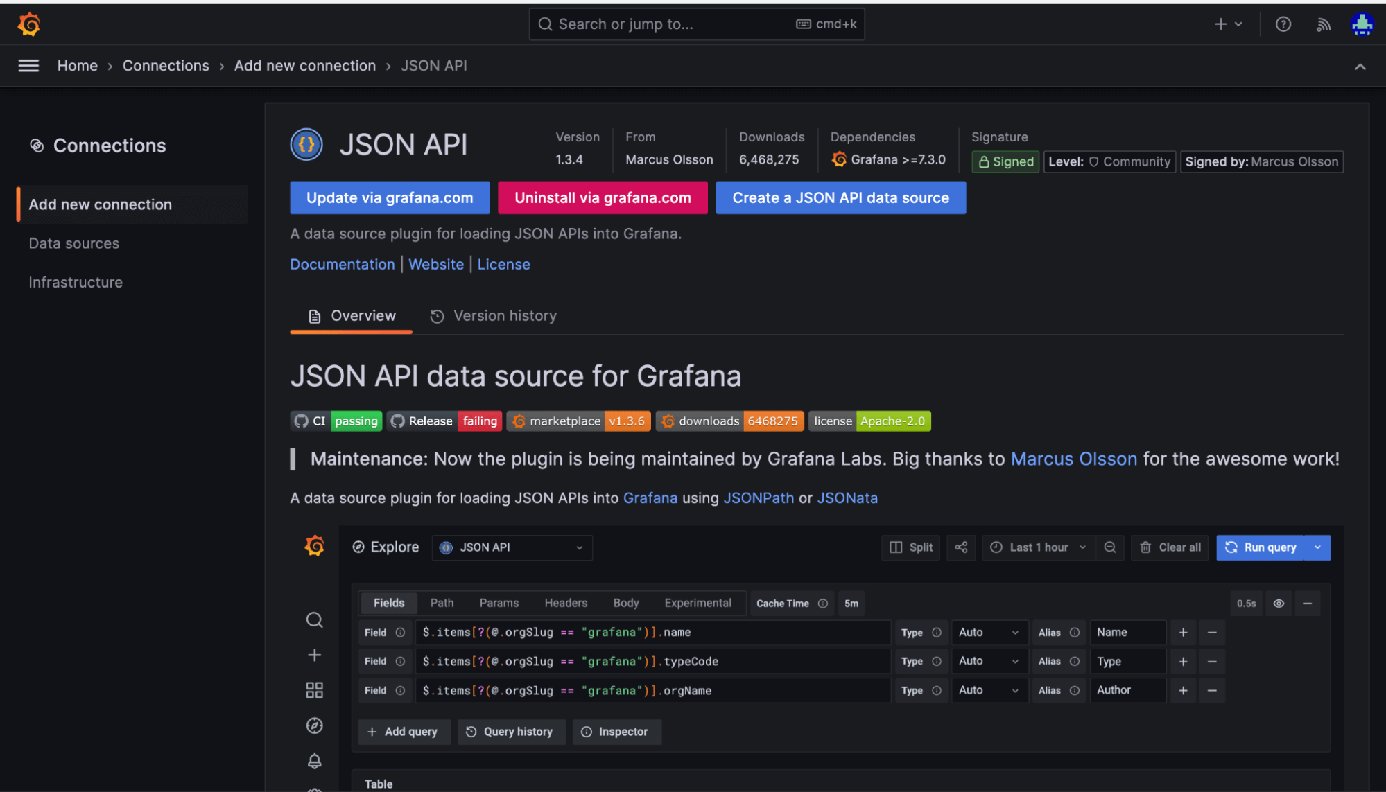 A screenshot showing how to connect the JSON API to Grafana.
