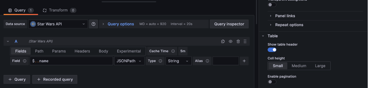 Additional fields are added to the query in Grafana, including the field name and cache type.